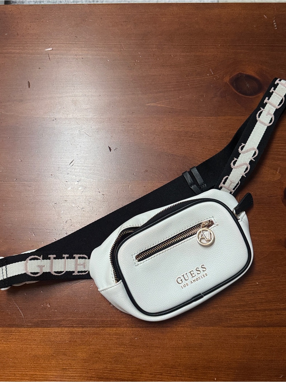 GUESS White Leather Belt Bag with Black Branded Strap